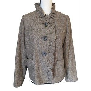 Anthropologie LUII Blazer Womens Size Large Ruffles Brown Long Sleeve Bu…